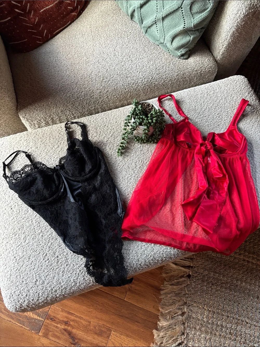 Victoria's Secret Black Lace Teddy & Red Sheer Babydoll Set